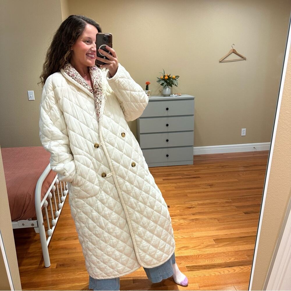 Xirena White Floral Reversible Pink Quilted Long Line Coat Jacket XL - Picture 2 of 12